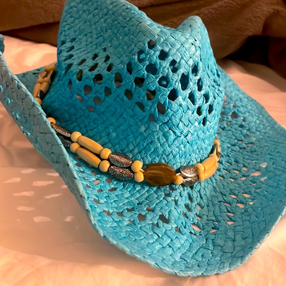 Blue Straw Cowboy Hat with Beaded Band